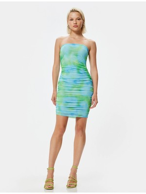 Koton Mini Straplez Kalem Elbise Tül Drapeli Batik Desenli Slim Fit