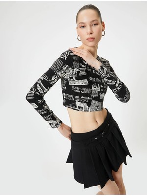 Koton Uzun Kollu Baskılı Crop Tişört Bisiklet Yaka Slim Fit
