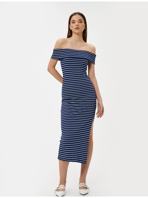 Koton Madonna Yaka Kalem Elbise Midi Boy Yırtmaç Detaylı Slim Fit
