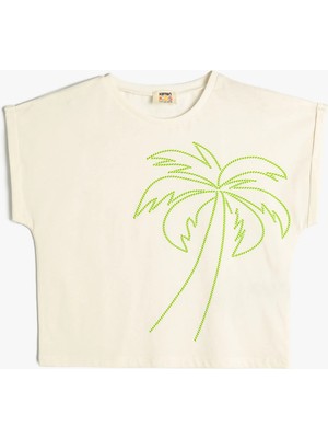 Koton Tişört Palmiye Baskılı Kısa Kollu Bisiklet Yaka Pamuklu