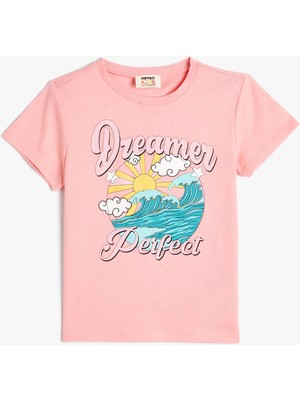 Koton Tişört Yaz Temalı Kısa Kollu Bisiklet Yaka Pamuklu