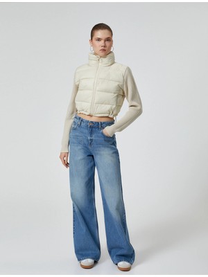 Koton Şişme Mont Triko Kollu Dik Yaka Fermuarlı