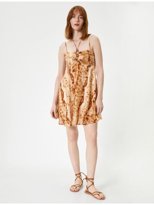 Koton Mini Elbise Boyundan Bağlamalı Askılı Boncuklu Viskon Keten Karışımlı