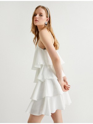 Koton Katlı Mini Elbise Halter Yaka Taş Detaylı Astarlı