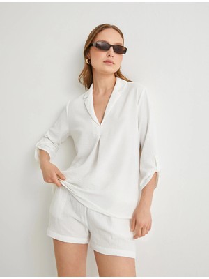 Koton 4Sak60016Pw 001 Kırık Beyaz Kadın Dokuma Uzun Kollu Bluz