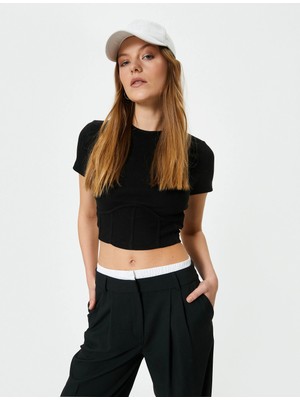 Koton Crop Tişört Pamuklu Korse Detaylı Bisiklet Yaka Kısa Kollu