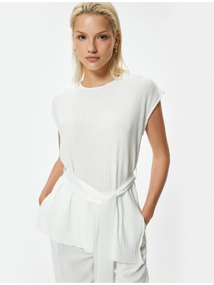 Koton Kolsuz Tunik Kemer Detaylı Yuvarlak Yaka Dokulu