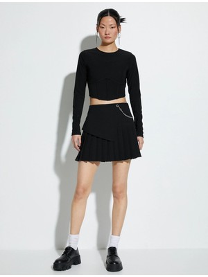 Koton Pileli Mini Etek Zincir Detaylı Normal Bel