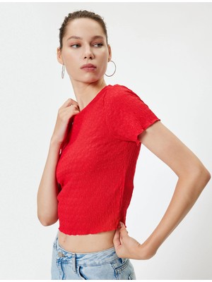 Koton Bürümcük Tişört Crop Kısa Kollu Bisiklet Yaka Slim Fit