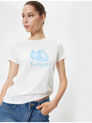 Koton Slogan Baskılı Tişört Bisiklet Yaka Kısa Kollu Pamuklu