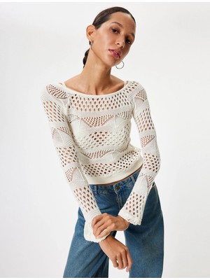 Koton Kroşe Tişört Uzun Kollu Kayık Yaka Viskon Karışımlı