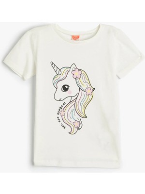 Koton Tişört Kısa Kollu Bisiklet Yaka Unicorn Baskılı Pamuklu