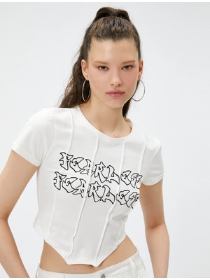 Koton Crop Tişört Slogan Baskılı Korse Detaylı Bisiklet Yaka