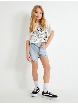 Koton Kız Çocuk Pamuklu Cepli Düğmeli Kot Şort Etek Kruvaze Desenli Yazlık