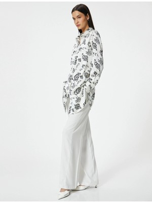 Koton Saten Uzun Tunik Çiçekli Düğmeli