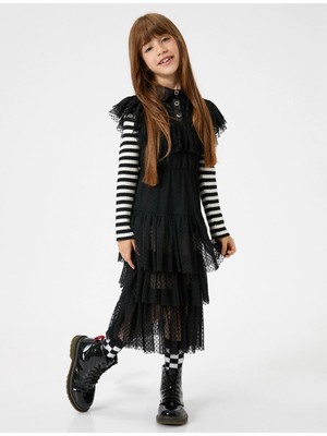 Koton Elbise Tül Pilili Katkat Gömlek Yaka Astarlı