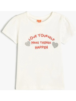 Koton Tişört Kısa Kollu Bisiklet Yaka Slogan Baskılı Pamuklu