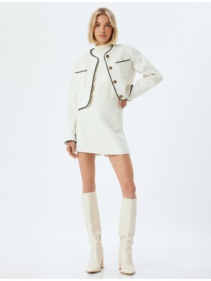 Koton Tüvit Crop Ceket Renk Kontrastlı Yuvarlak Yaka Cepli Düğmeli