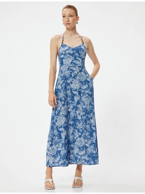 Koton Çiçekli Boyundan Bağlamalı Elbise Midi Boy Keten Karışımlı Cepli