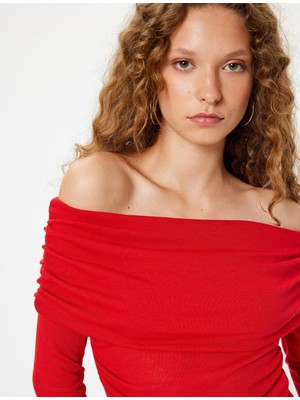 Koton Madonna Yaka Tişört Uzun Kollu Drapeli Slim Fit Viskon Karışımlı