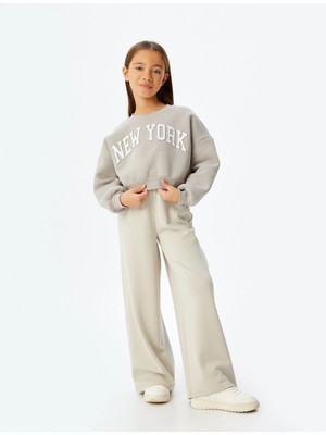 Koton Kız Çocuk Crop Sweatshirt Gri Oversize Slogan Baskılı Uzun Kol Pamuk Karışımlı