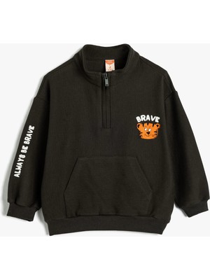 Koton Sweatshirt Dik Yaka Yarım Fermuarlı Uzun Kollu Kaplan Baskılı