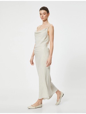 Koton Uzun Elbise Keten Karışımlı Degaje Yaka Askılı Drapeli