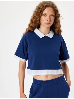 Koton Gömlek Yaka Tişört Crop Kısa Kollu Kumaş Detaylı