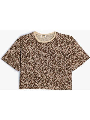 Koton Crop Tişört Leopar Desenli Kısa Kollu Yuvarlak Yaka Pamuklu