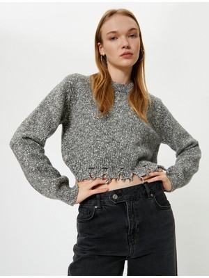 Koton Kırçıllı Triko Kazak Yırtık Detaylı Uzun Kollu Bisiklet Yaka