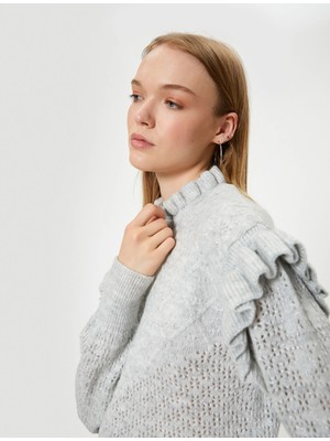 Koton Triko Kazak Dokulu Fırfır Detaylı Dik Yaka