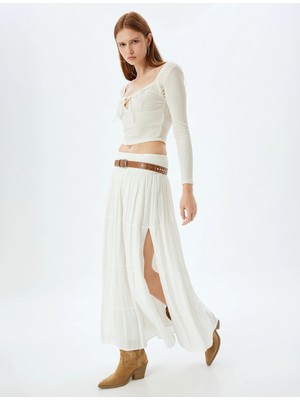 Koton Crop Bluz Önden Bağlama Detaylı Kalp Yaka Uzun Kollu