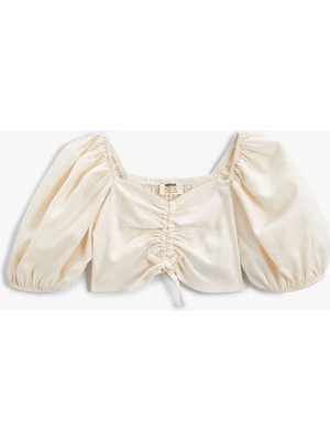 Koton Crop Bluz Keten Karışımlı Balon Kollu Büzgü Detaylı