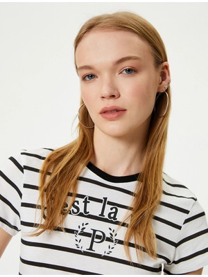 Koton 4Sal10830Ik 9S9 Sıyah Cızgılı Genc Kız Jersey Kısa Kollu T-Shırt
