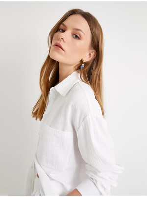 Koton Müslin Oversize Gömlek Uzun Kollu Cep Detaylı Düğmeli