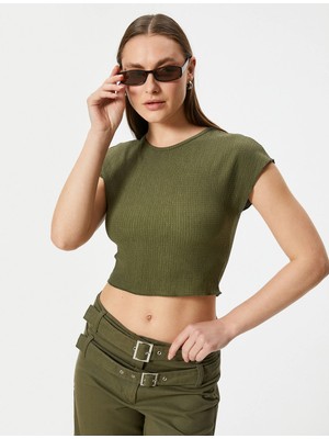 Koton Crop Tişört Dokulu Kısa Kollu Bisiklet Yaka