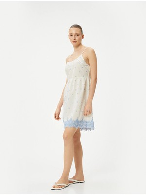 Koton Mini Gecelik Askılı Nakışlı U Yaka Beli Büzgülü Pamuklu