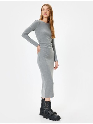 Koton Midi Boy Kalem Elbise Fitilli Uzun Kollu Bisiklet Yaka Slim Fit