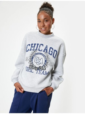 Koton Oversize Sweatshirt Kolej Baskılı Bisiklet Yaka Şardonlu