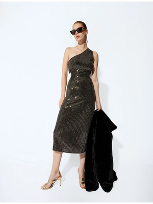 Koton Pullu Payetli Abiye Elbise Uzun Tek Omuz Pencere Detaylı Yırtmaçlı