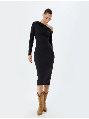 Koton Midi Elbise Asimetrik Yaka Drapeli Slim Fit Uzun Kollu