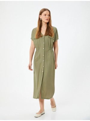 Koton Midi Gömlek Elbise Kısa Kollu V Yaka Beli Lastikli Cep Detaylı