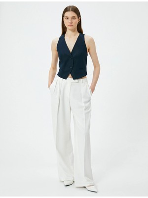 Koton Kısa Keten Yelek V Yaka Düğmeli Cepli