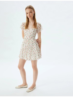 Koton Mini Tül Salopet Tulum Kiraz Baskılı U Yaka Kısa Kollu