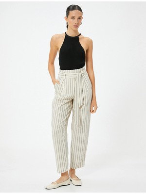 Koton Keten Karışımlı Balon Pantolon Yüksek Belli Cepli Kemer Detaylı