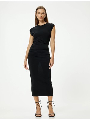 Koton Midi Kalem Elbise Kap Kol Yuvarlak Yaka Drape Detaylı Slim Fit