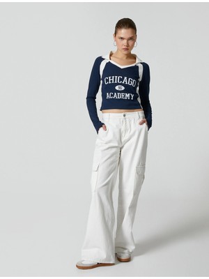 Koton Crop Polo Yaka Tişört Uzun Kollu Renk Bloklu Kolej Temalı Pamuklu