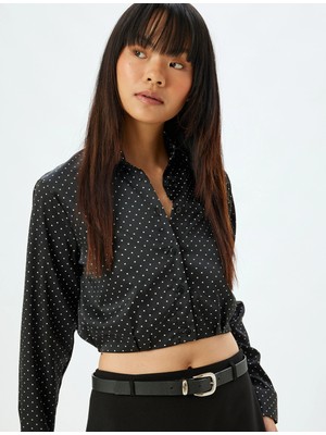 Koton Crop Gömlek Uzun Kollu Puantiyeli Düğmeli Klasik Yaka Slim Fit Beli Lastikli
