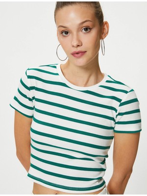 Koton Crop Tişört Kısa Kollu Bisiklet Yaka Viskon Kumaş Karışımlı