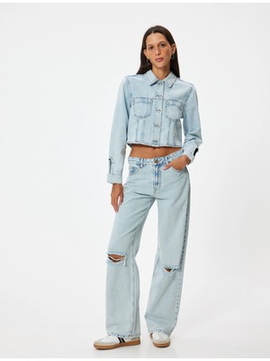 Koton Crop Kot Ceket Cep Detaylı Düğmeli Rahat Kesim Gömlek Yaka